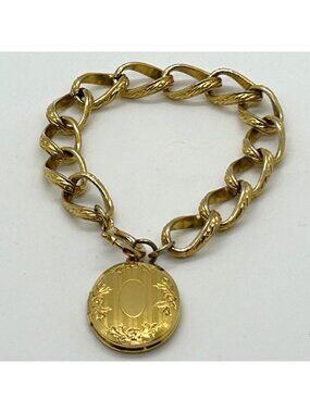 Vintage Gold Locket Charm Bracelet Chunky Textured Curb Link Chain Estate Jewelr